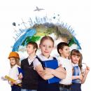 Five young people wear the uniforms of different jobs in front of a globe